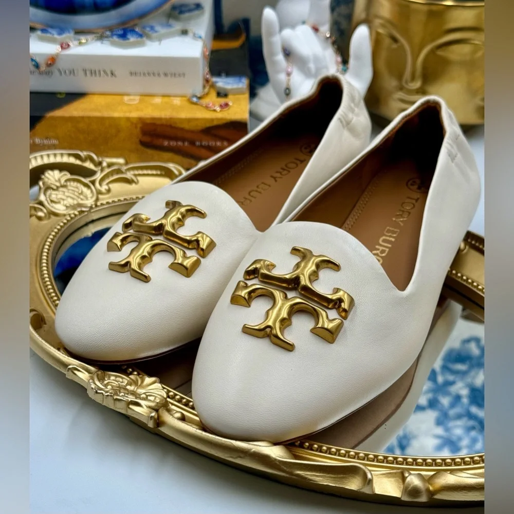🆕 TORY BURCH 🧿 NWOB Eleanor White Leather Smoking Slipper Loafers, Sz US 6